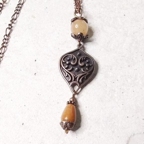Drop "Y" Necklace - Semi-Precious Stones + Copper ~ Intricate Ornate Feminine - Picture 8 of 8